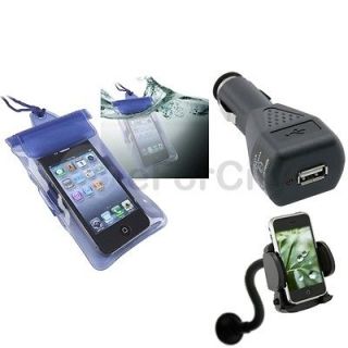 Blue Waterproof Bag Cover Case+Car Holder Mount+Charger For iPod Touch 
