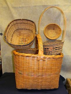 Vtg. Lrg. Wicker & Reed Basket, Plus 3 Other Baskets & Dominos Wood 