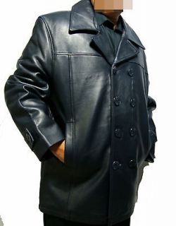 Mens Genuine Leather Peacoat Navy Blue 100% Cow Leather W/ Zip out Fur 