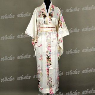 Deluxe Satin Kimono Robe Yukata Japanese Dress w/ Obi One Size White 
