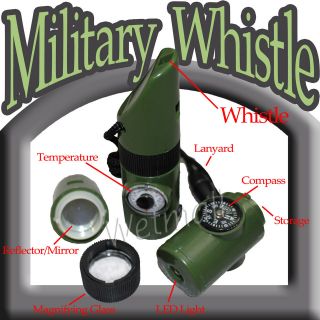 in 1 Military Style Emergency Whistle Survival Kit   Compass LED 