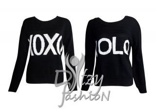 NEW WOMEN LONG SLEEVE YOLO & XOXO PRINT BLACK KNITTED JUMPER TOP SIZE 