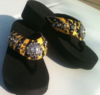 Yellow & Black Jewel Diamond Cut Western Rhinestone Flip Flop Sandals