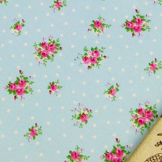 PINK ROSE FLOWER and WHITE POLKA DOT SPOT IN BLUE 100% COTTON FABRIC # 