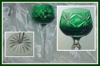 EMERALD GREEN Wine Goblet Hock Glass CUT TO CLEAR CRYSTAL Lausitzer 