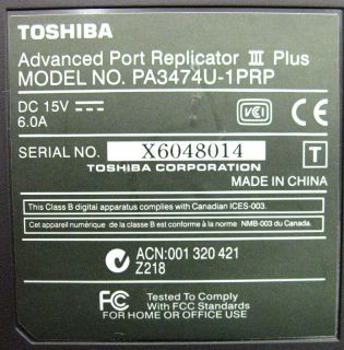 Toshiba PA3474U 1PRP Advanced Port Replicator III Plus