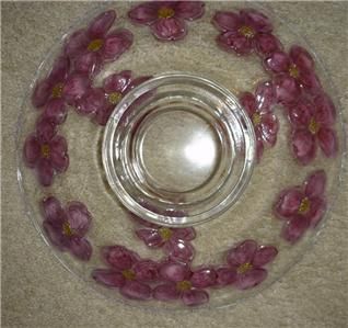 12 inch Glass Footed Serving Plate with Embossed Pink Dogwood Design 