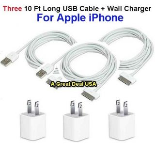 Three 10 ft Long USB Cable Cord Power Wall Charger Adapter Apple 