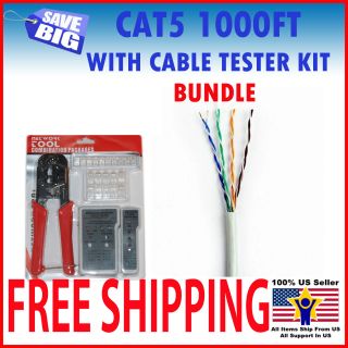 Cat5e 1000ft CAT5 Cable UTP Wire Solid Ethernet Gray Bulk RJ45 Crimper 
