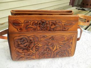    MEXICAN HANDBAG HAND TOOLED LEATHER ROSE FLOWER DESIGN 12 INCH LONG