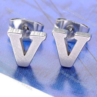 Pair Silvery Stainless Steel Letter V Ear Stud Cool Mens Earring Punk 