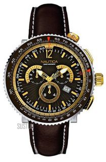 Nautica OCN Ocean 50 Titanium Chronograph Sports Leather Strap Watch 
