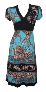 Blue Black Border Print Stretch Day Dress Aaliyah Size 8 New