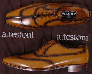 Testoni Shoes $1090 Brown Varnished Seam Wing Tip Handmade Oxford 11 
