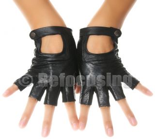 Womens Black Leather Suede Fingerless Driving Gloves