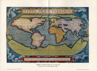 C1900 World Map Abraham Ortelius 1571 Facsimile Antiq Lithograph Print 
