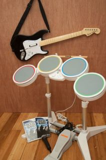 Nintendo Wii Rock Band Bundle Game Drums Sticks Guitar Microphone 
