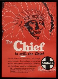 1954 Indian chief in headdress art Santa Fe Railroad vintage print ad
