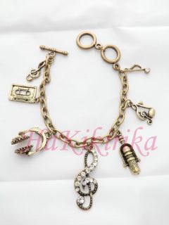 NEW ROCK STYLE Melody Charms Link Toggle Bracelet in Vintage Gold Tone 