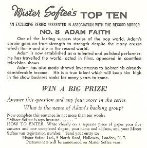 Top Ten Adam Faith 1966 UK Trading Card Mint Mr Softee