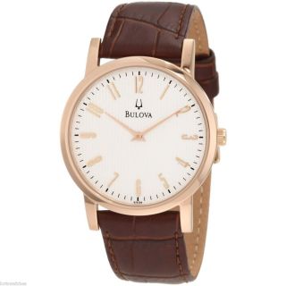    97A106 MENS QUARTZ WATCH WITH ROSE GOLD TONE CASE AND LEATHER STRAP