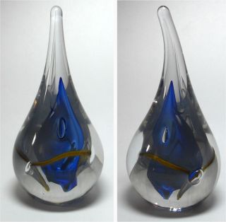   Art Glass Lead Paperweight Adam Jablonski Tear Drop Blue Smoke