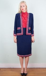 Adolfo Saks Vtg 70s Braided Blue Red White Knit Skirt Suit Blazer 