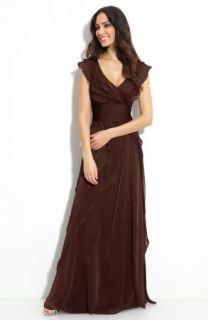 Adrianna Papell Tiered Chiffon Flutter Sleeve Chocolate Gown 6 $200 
