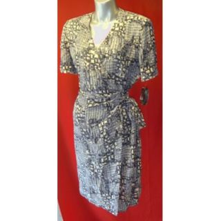 Adrianna Papell Silk Charcoal Gray Print Wrap Dress Size 14 L XL 