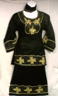 African Women Clothing 3PC Skirt Suit Outfit Black Gold NotCom S M L 