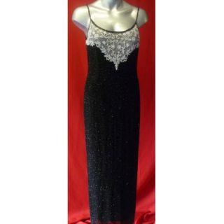 Adrianna Papell Black White Beaded Silk Gown Size 8P 8 Petite Dress 