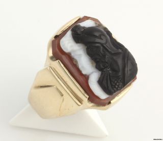 Vintage Carved Agate Cameo Carnelian Ring 10K Yellow Gold Black White 