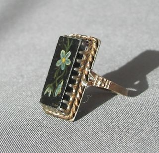 Antique Victorian Gold Ring Hand Painted Flowers Unique