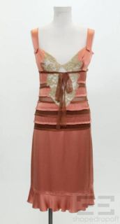 Alberta FERRETTI Salmon Silk Taupe Lace Sleeveless Dress Size US 4 