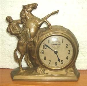 vintage lux spelter pot metal alarm clock cowboy horse working