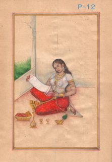 Indian Miniature Handmade Vintage Single Lady Portrait Old Paper 