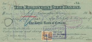 Alberta Edmonton City Dairy Check 1918 with War Tax Stamp Royal Bank 