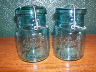 Vintage 2 Blue Ball Ideal Pint Size Jars with Wire Glass Lids 1923 
