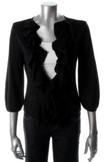 Alfani New Soft Shine Black Ruffled Trim Metallic Cardigan Sweater 