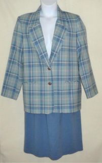 Alfred Dunner Sz 14 Wool Plaid Blazer Blue Elastic Waist Skirt 2pc 