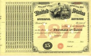 1876 Peddler STS $15 3rd Class Liquor Tax Tobacco Stamp