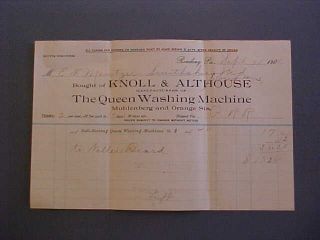   1906 Queen Washing Machine Knoll Althouse Reading PA Billhead