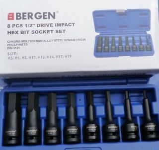BERGEN 8 Pc 1/2 Drive Impact Hex Allen Bit Socket Set, NEW