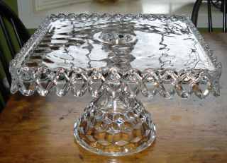 FOSTORIA American Elegant Glass Cake Plate Square Pedestal with Rum 