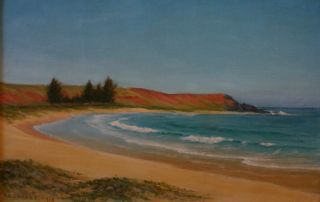  1919 Hawaii Oil Painting of Anahola Beach Kauai by A R Gurrey