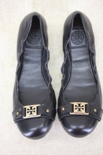 Tory Burch Ambrose Black Leather Ballet Flats Size 10 Belted Reva Gold 