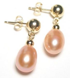 AAA Pink Pearl 14k Yellow Gold Dangle Post Earrings