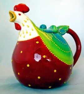Red Rooster Teapot Ceramic Chicken Hand Painted New