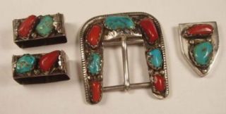 Sterling Silver Turquoise Coral Belt Buckle 2 Keeps Tip Angie C. Zuni