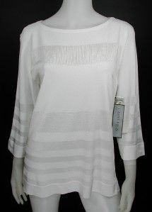 Anne Klein L Large Sweater White Boatneck Sheer Opaque Panels $195 New 
